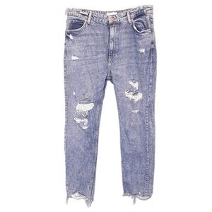 Bershka Emma Distressed Stonewash Jeans High Rise Slim Straight Ankle Denim